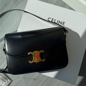 Celine Black Leather Triomphe Crossbody Bag with Gold Hardware